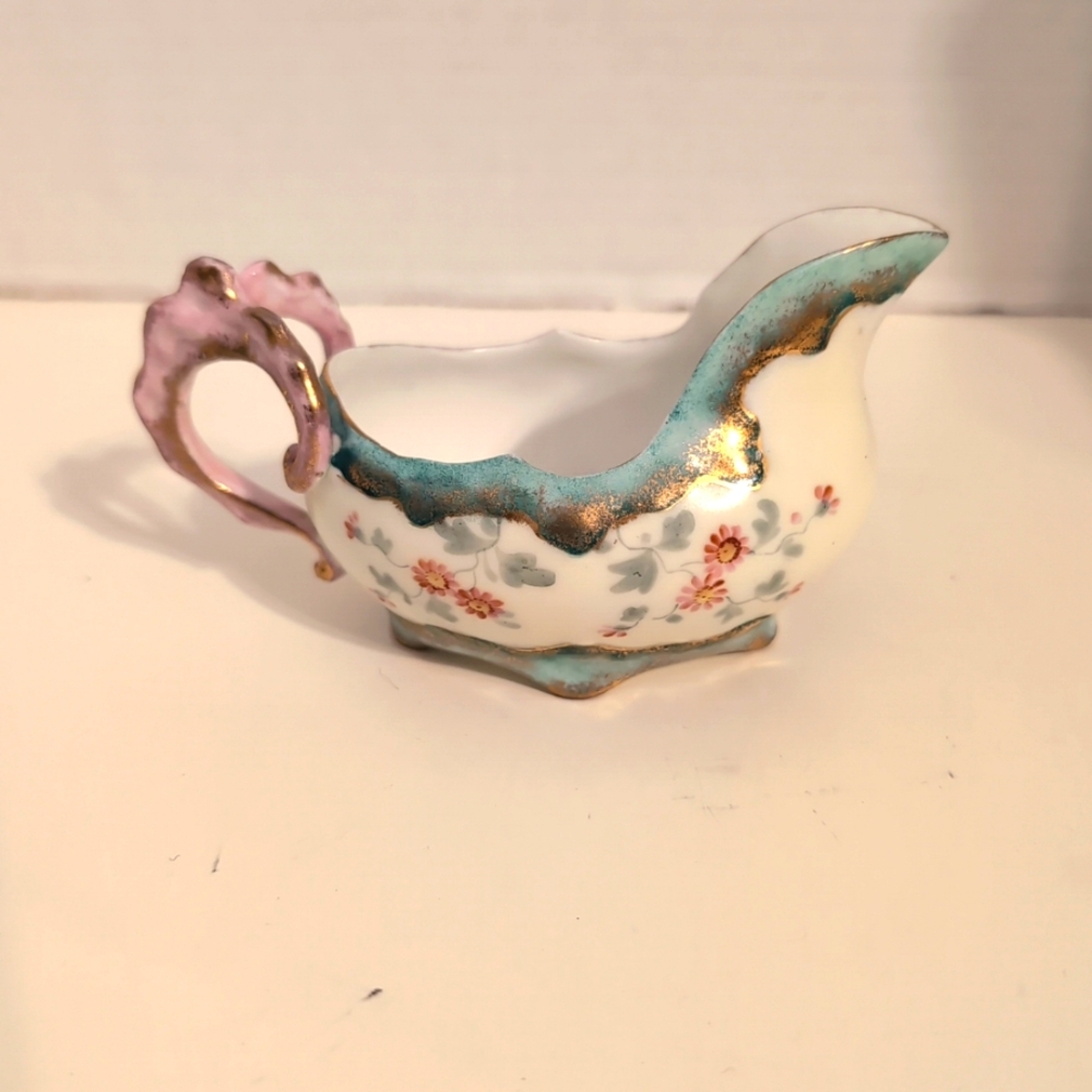 Vintage Foral Porcelain Creamer with Purple Handle Scalloped Edges FRANCE